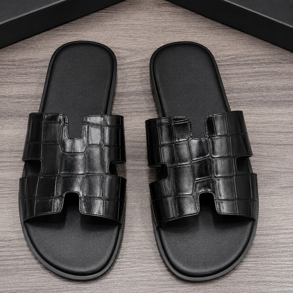 Austin Mens Slippers in Black Croc Leather | LUXE & CRATFS