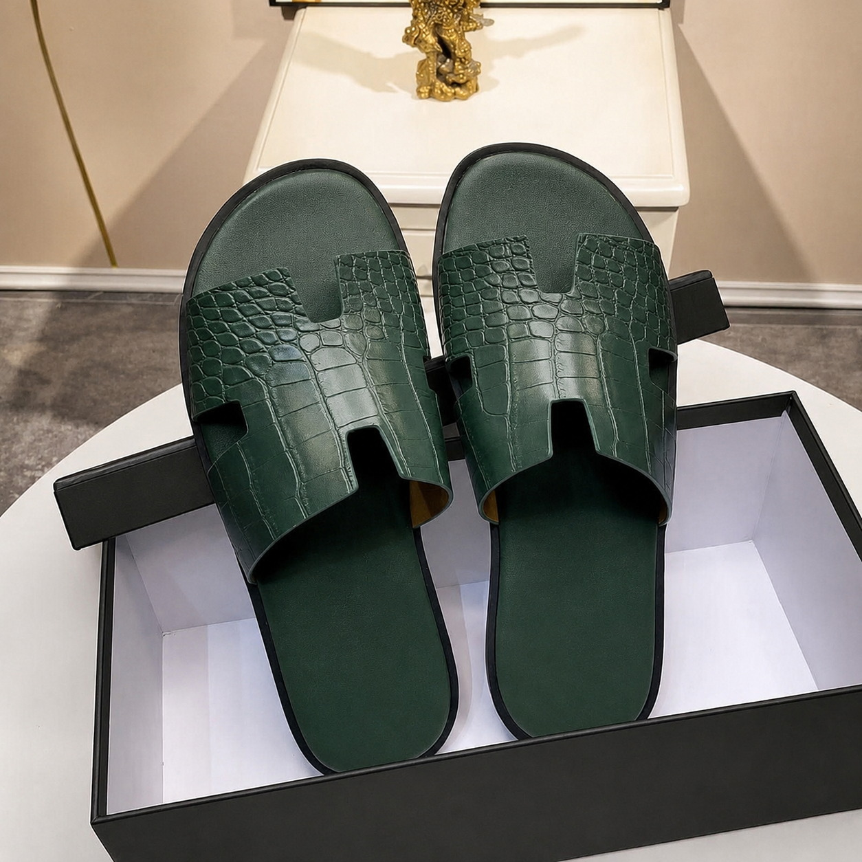 Austin Mens Slippers in Green Croc Leather