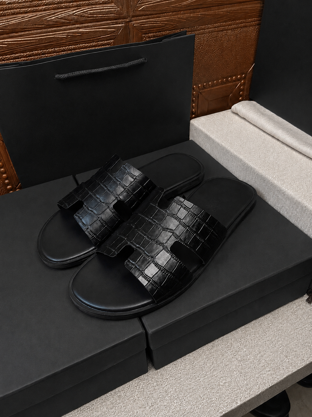 Austin Mens Slippers in Black Croco Leather - H Style