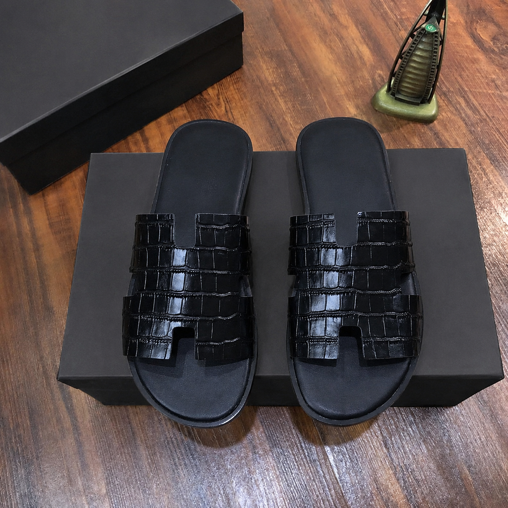 Austin Mens Slippers in Black Croco Leather - H Style