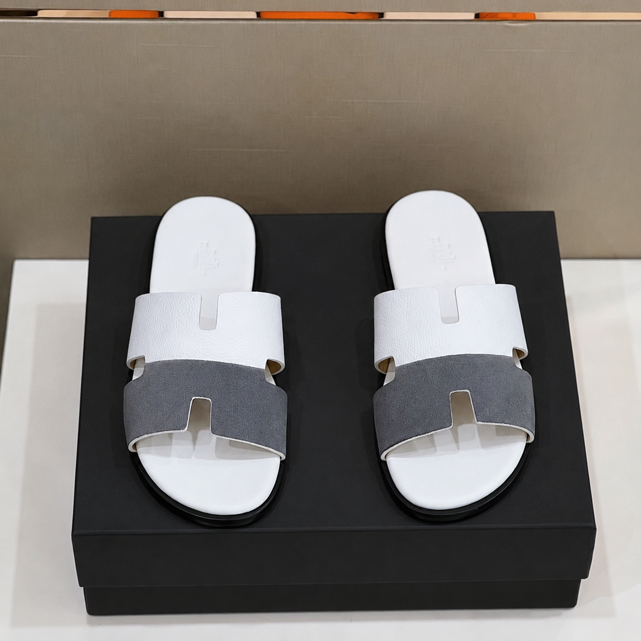 Austin Mens Slippers in White - Grey Suede Two Tone Leather |