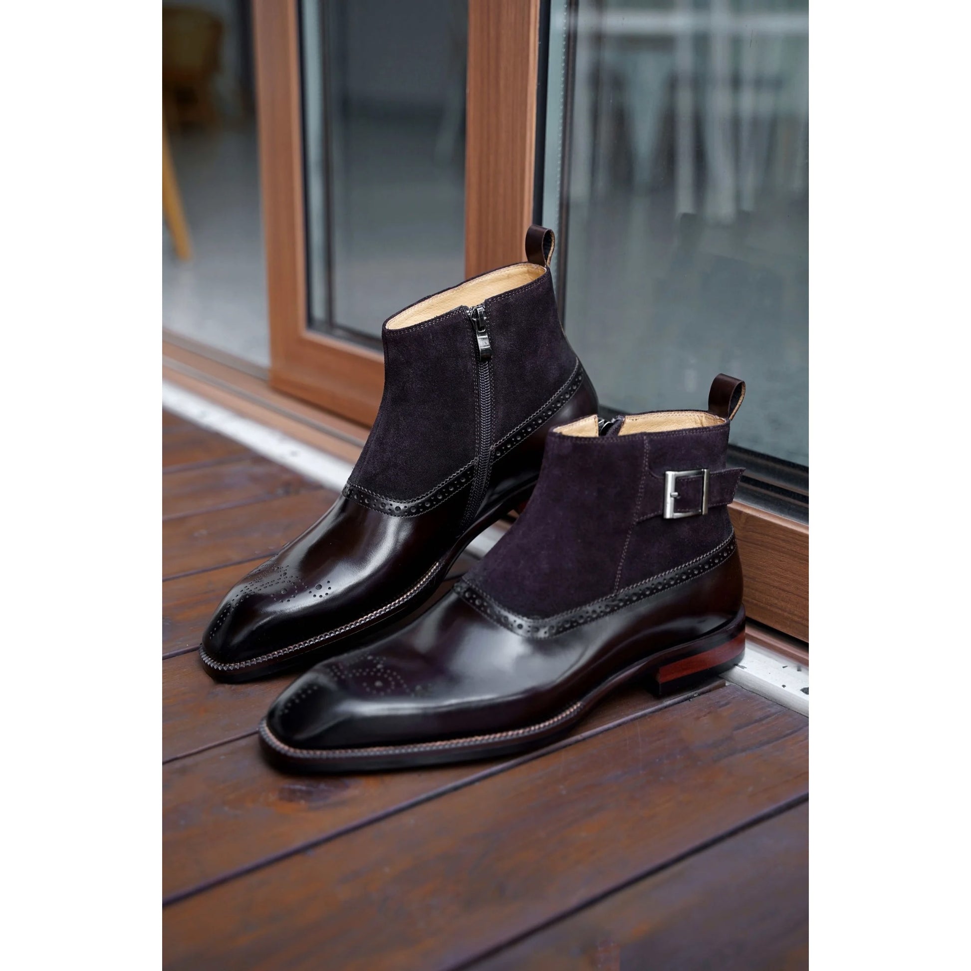 Luxury Buckled Brown Leather and Suede Dress Monk Boots for Men | Luxe & Craft