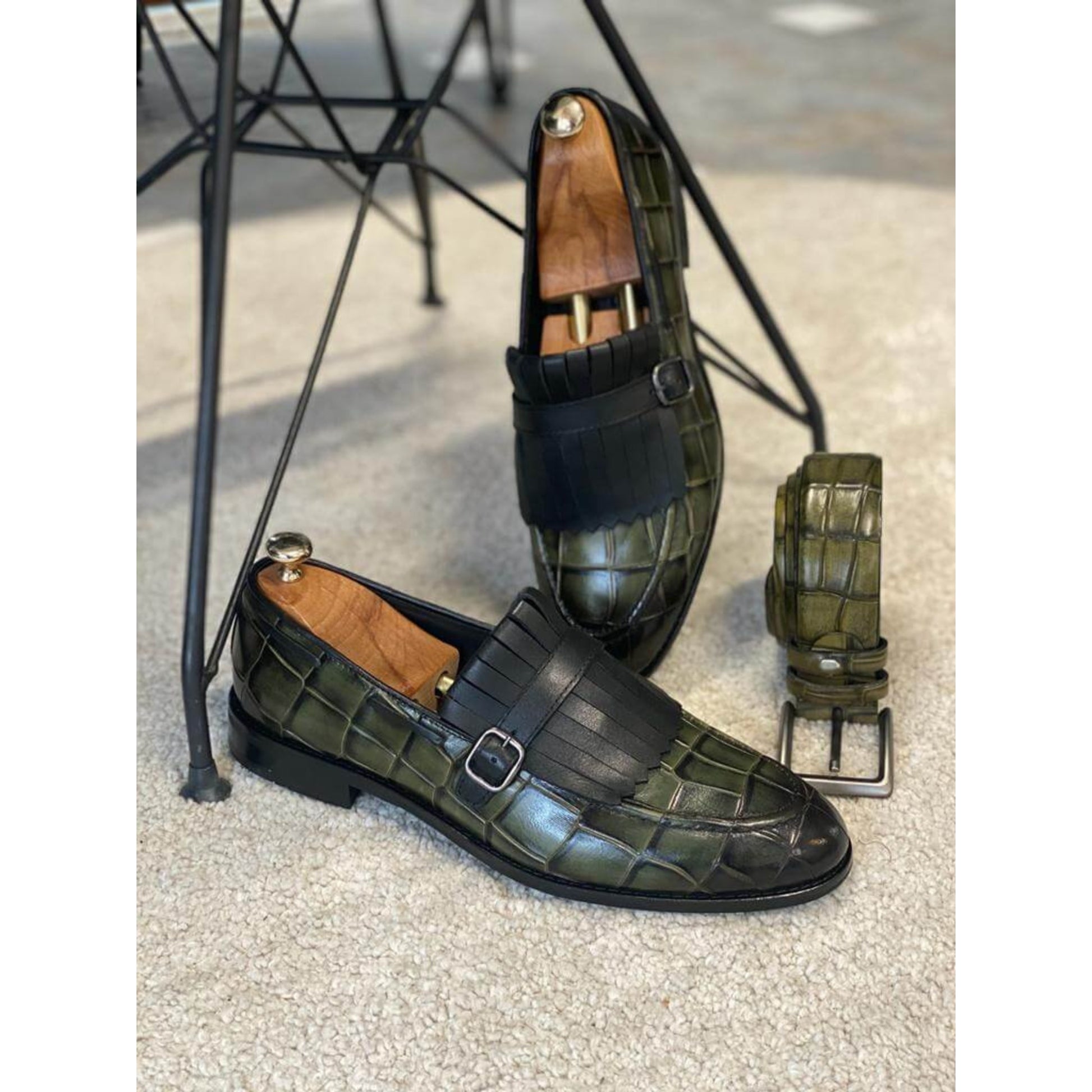 Luxury Green Crocodile Monk Strap Loafers for Men – Handcrafted Elegance | Luxe & Crafts