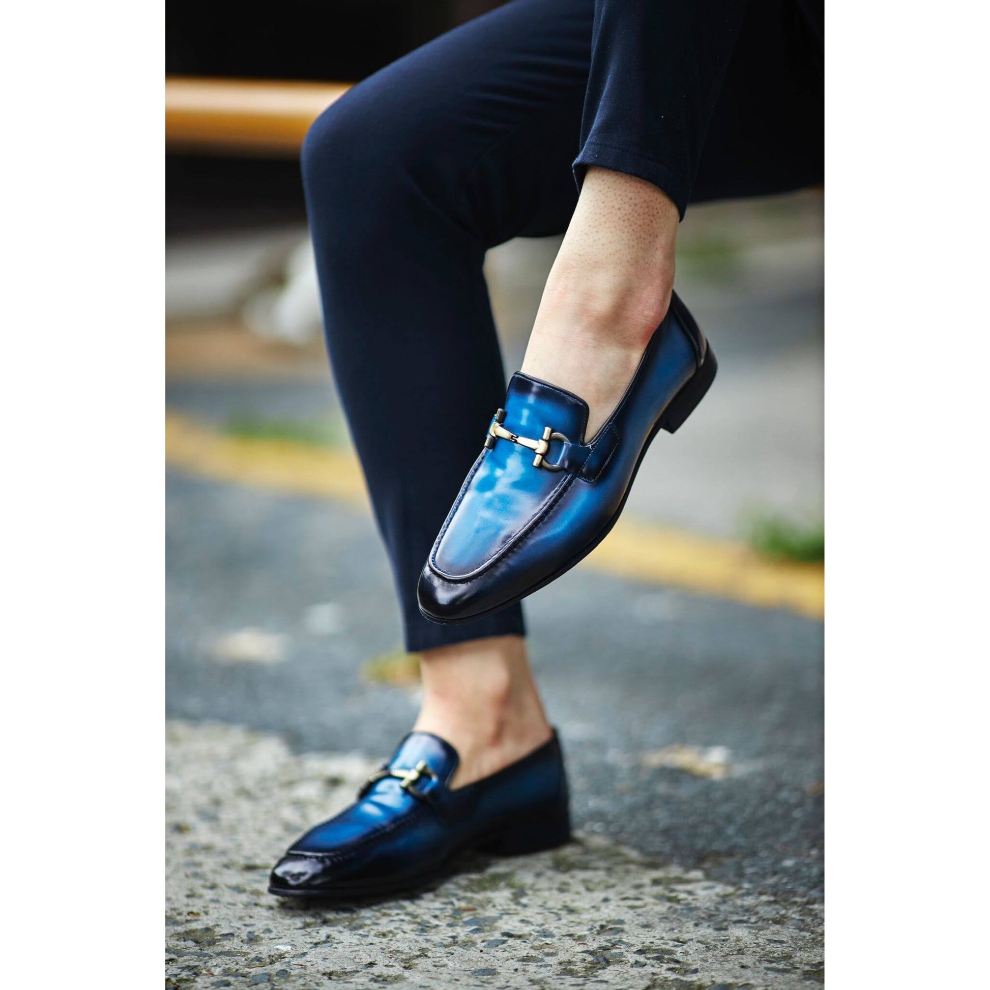 Bespoke Blue Patina Loafers – Gold Accent, Handmade | Luxe & Craft