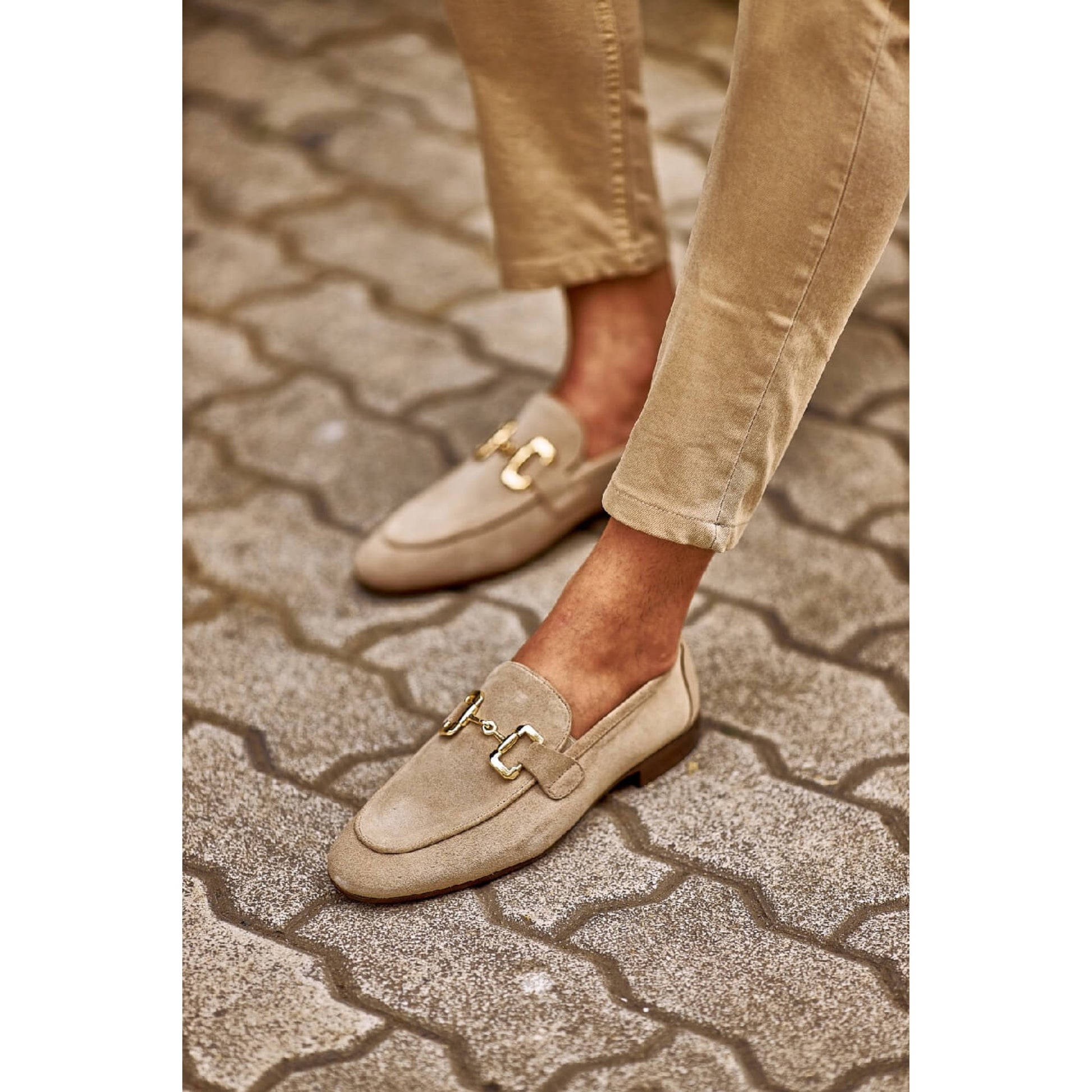 Handmade Beige Suede Loafers for Men – Gold Bit Detail| Luxe & Craft