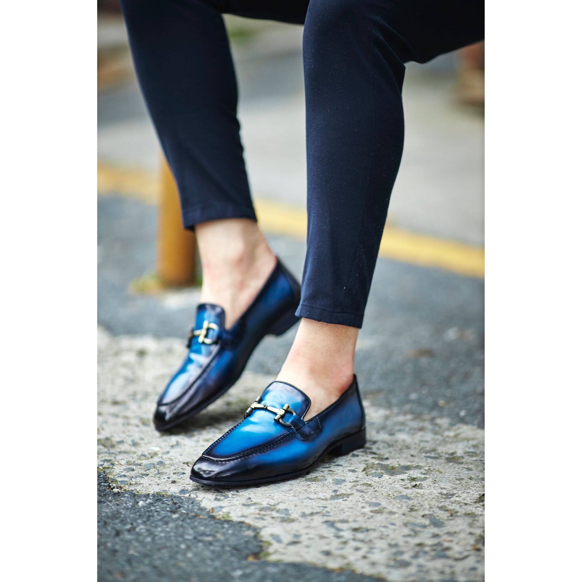 Bespoke Blue Patina Loafers – Gold Accent, Handmade | Luxe & Craft