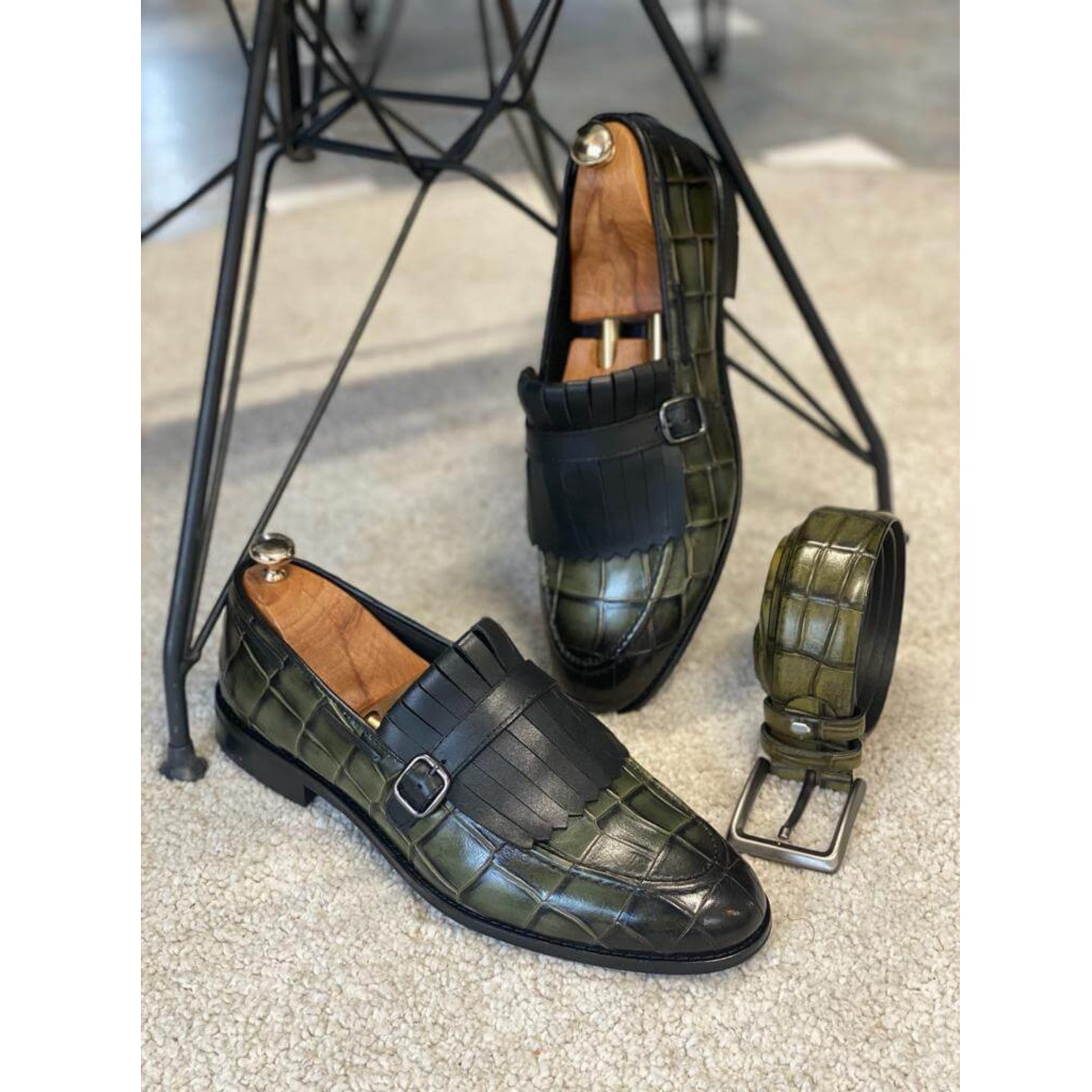Luxury Green Crocodile Monk Strap Loafers for Men – Handcrafted Elegance | Luxe & Crafts