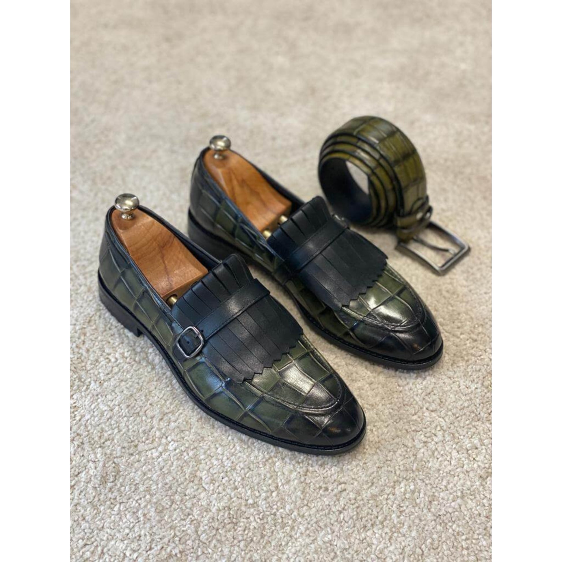 Luxury Green Crocodile Monk Strap Loafers for Men – Handcrafted Elegance | Luxe & Crafts