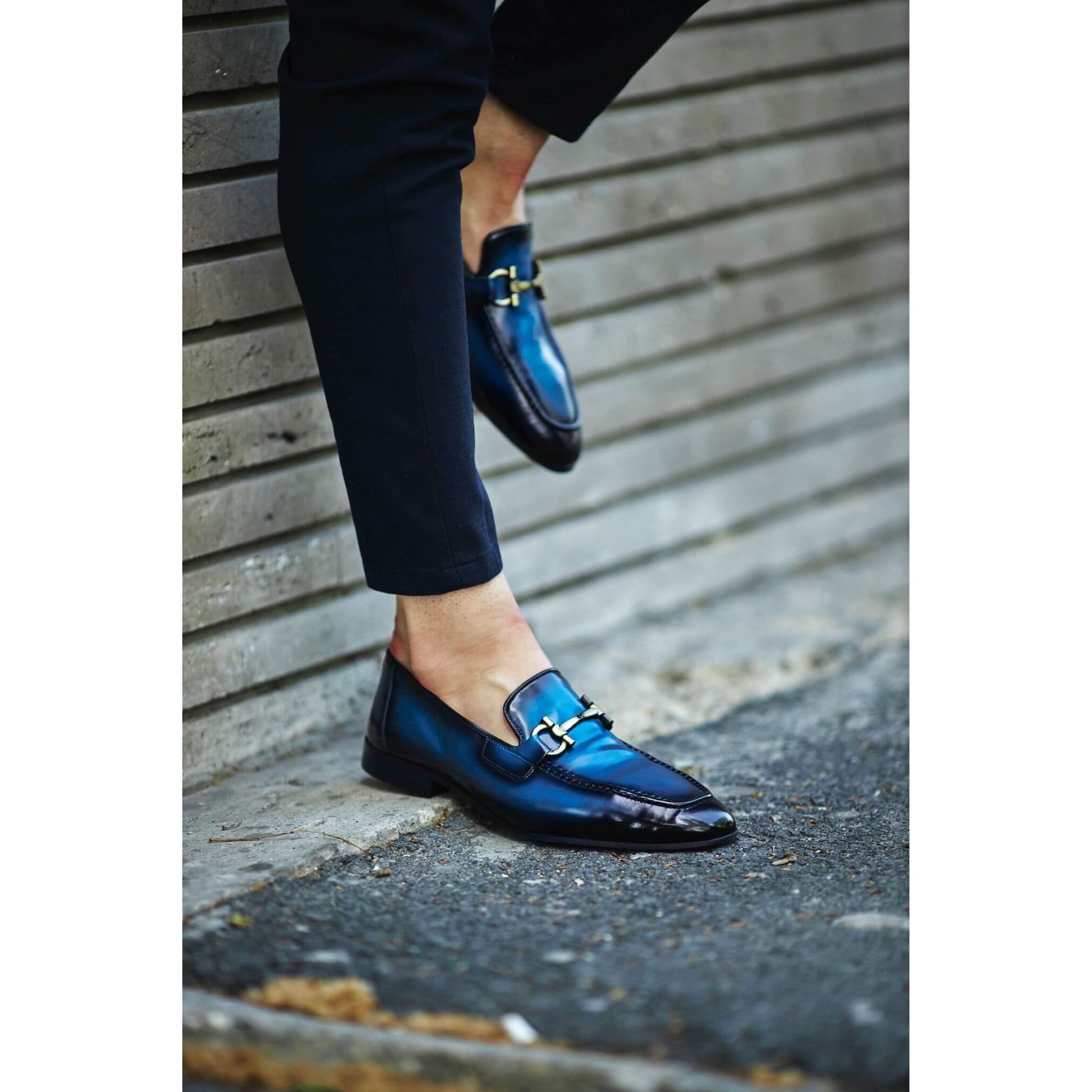 Bespoke Blue Patina Loafers – Gold Accent, Handmade | Luxe & Craft
