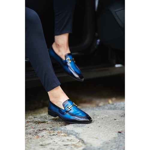 Bespoke Blue Patina Loafers – Gold Accent, Handmade | Luxe & Craft