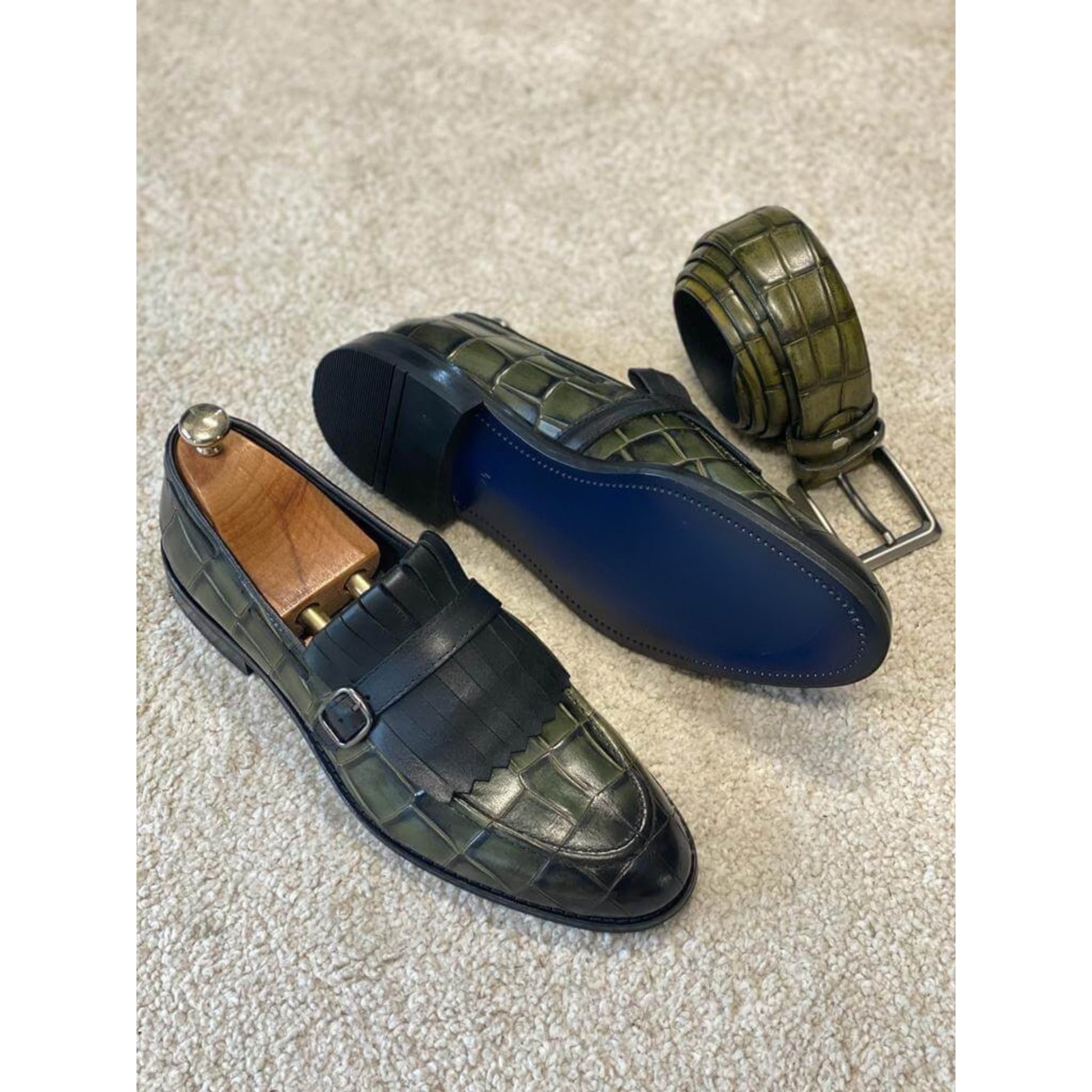 Luxury Green Crocodile Monk Strap Loafers for Men – Handcrafted Elegance | Luxe & Crafts