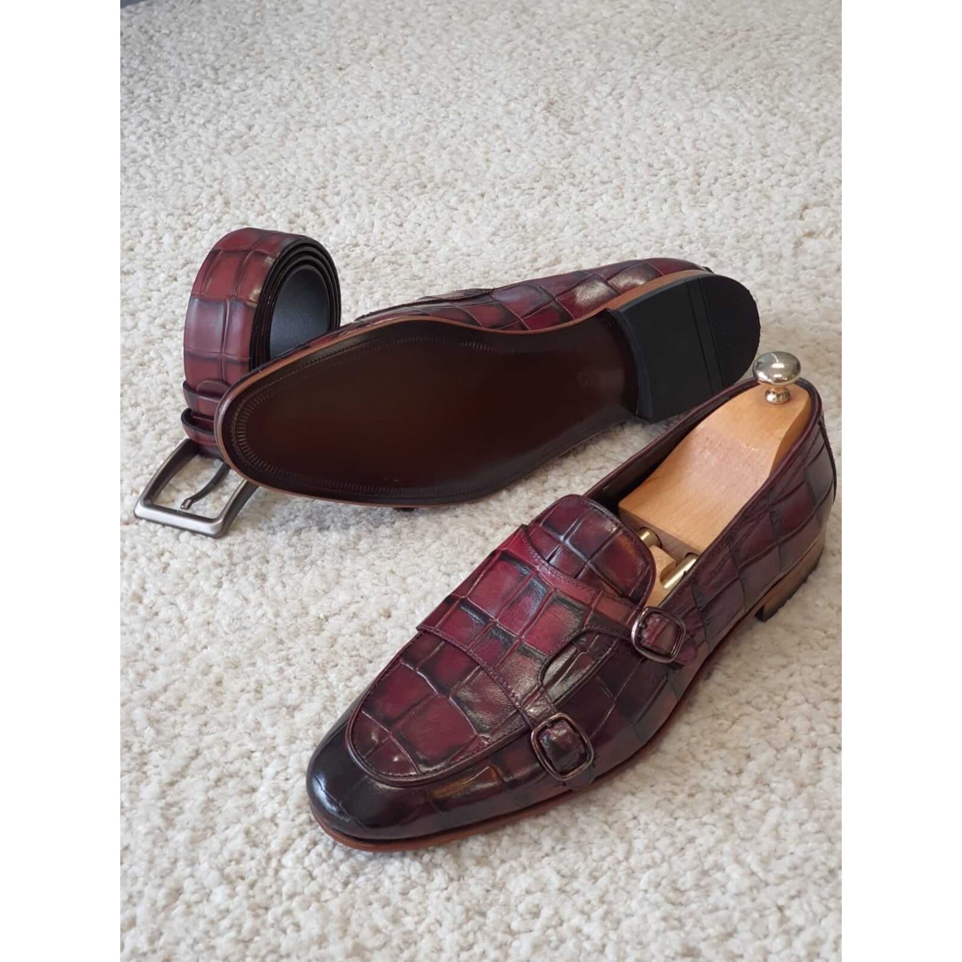 Handcrafted Dual Monk Strap Loafers in Exotic Crocodile Print Leather | Luxe & Craft