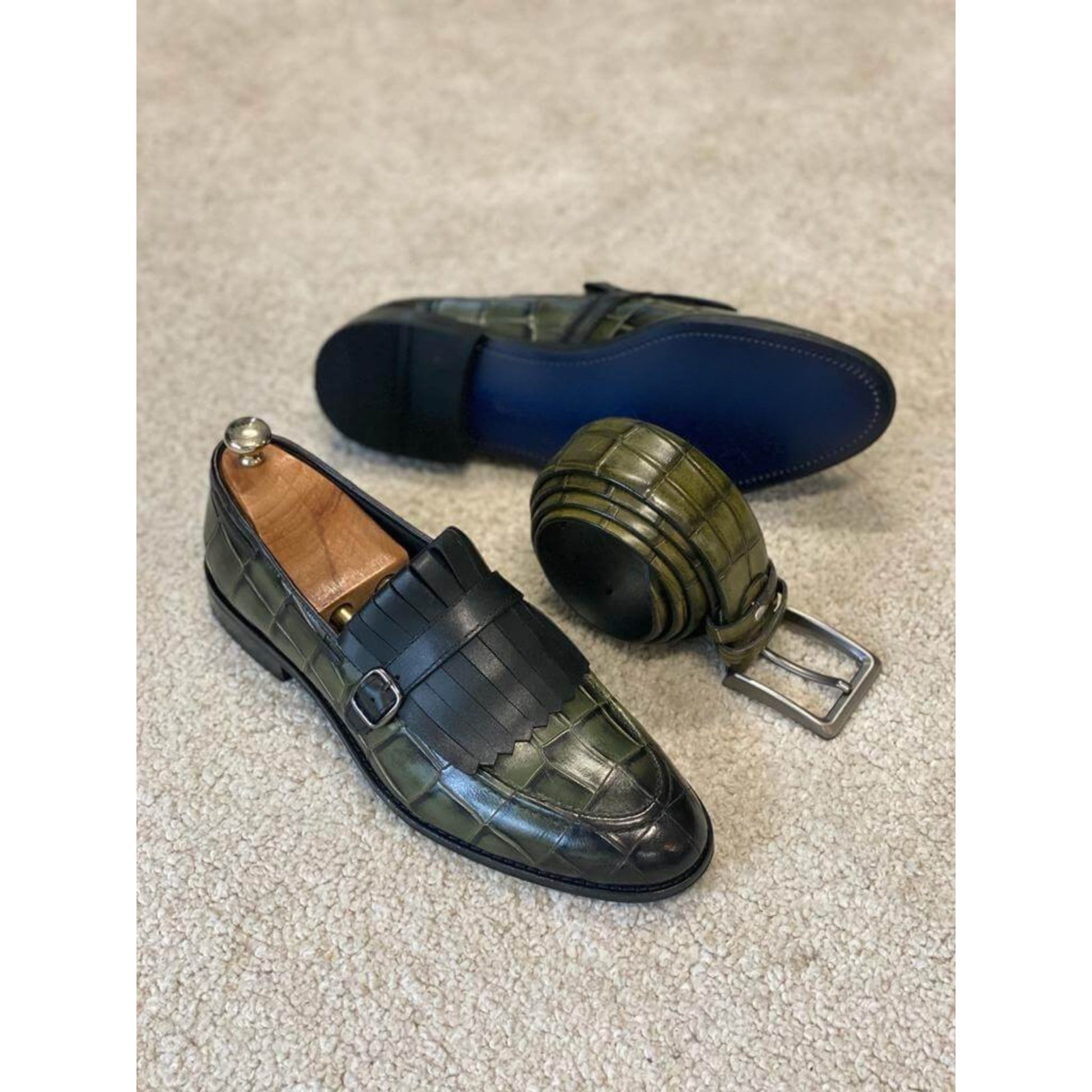 Luxury Green Crocodile Monk Strap Loafers for Men – Handcrafted Elegance | Luxe & Crafts