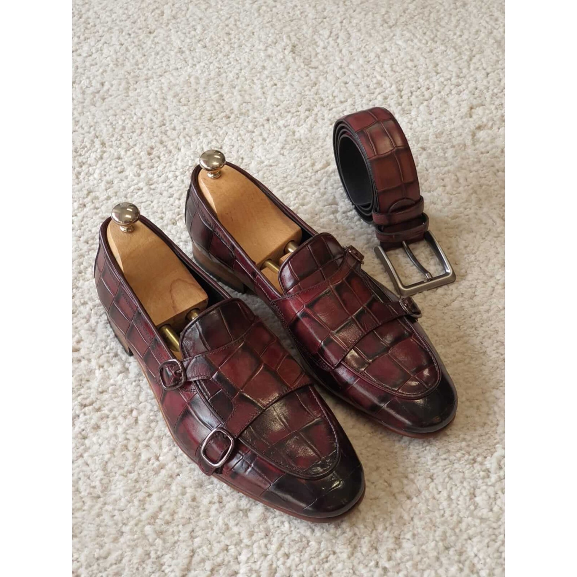 Handcrafted Dual Monk Strap Loafers in Exotic Crocodile Print Leather | Luxe & Craft