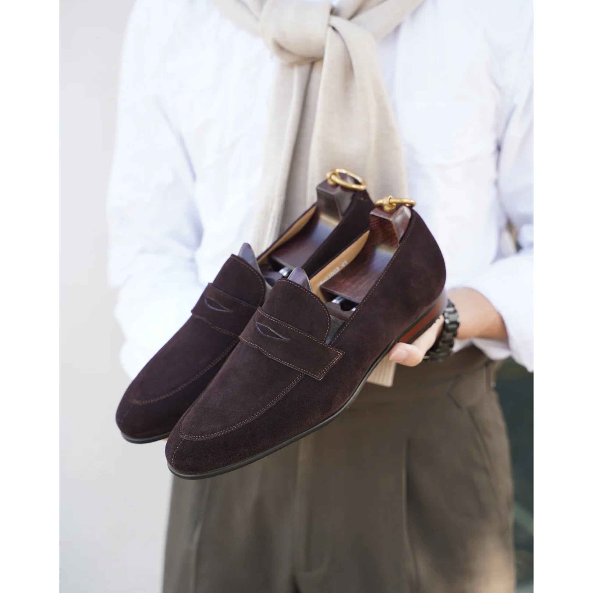 The Hand-Made Dark Brown Suede Penny Loafers | Luxe & Craft