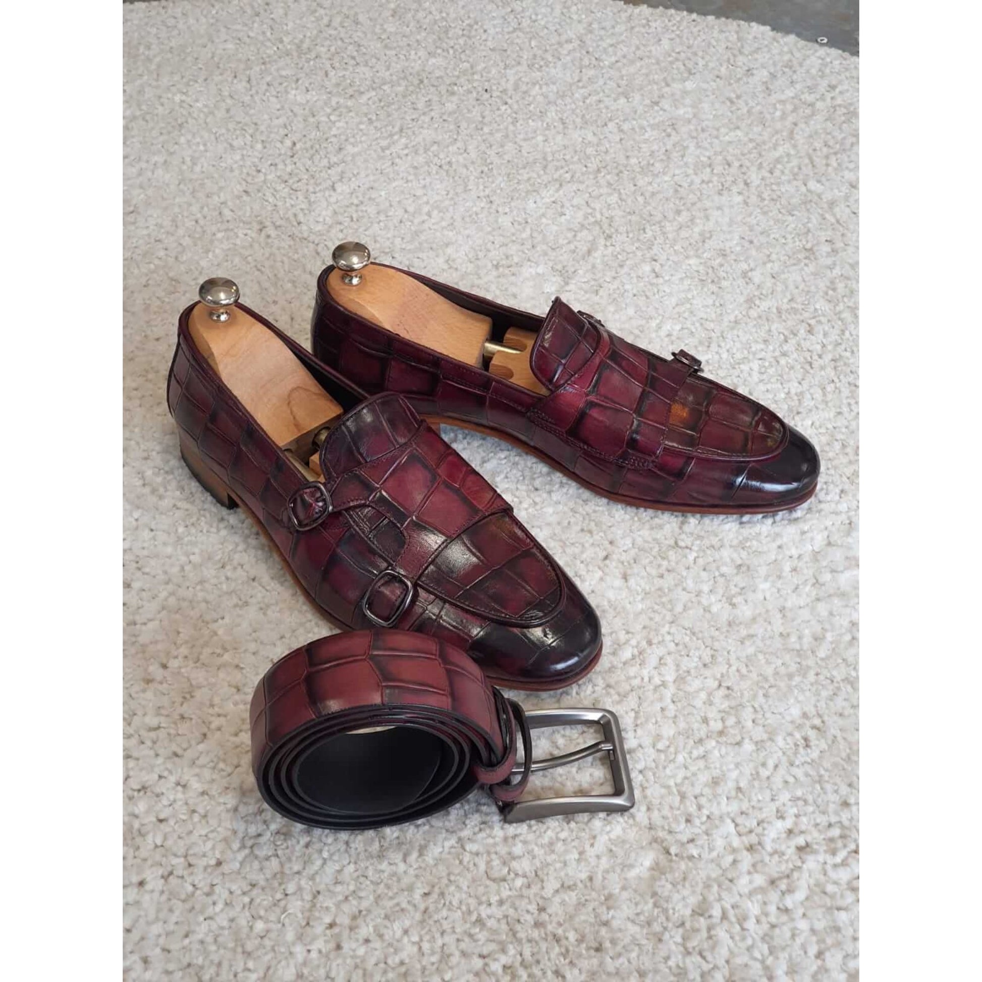 Handcrafted Dual Monk Strap Loafers in Exotic Crocodile Print Leather | Luxe & Craft