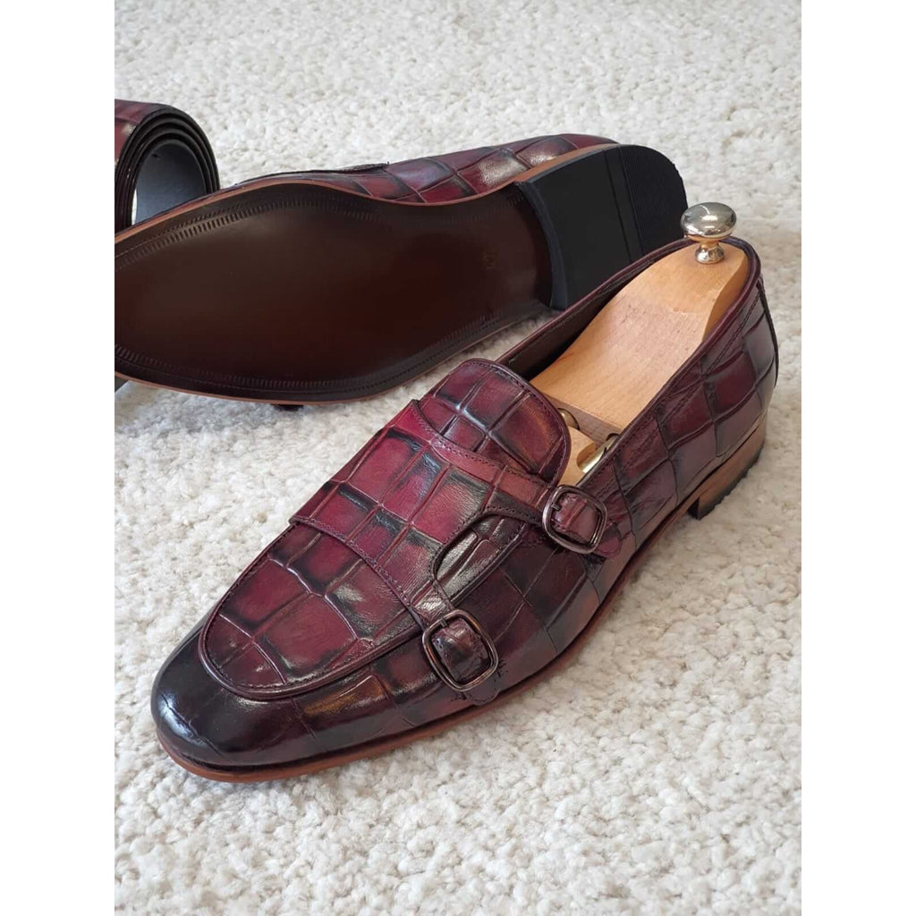Handcrafted Dual Monk Strap Loafers in Exotic Crocodile Print Leather | Luxe & Craft