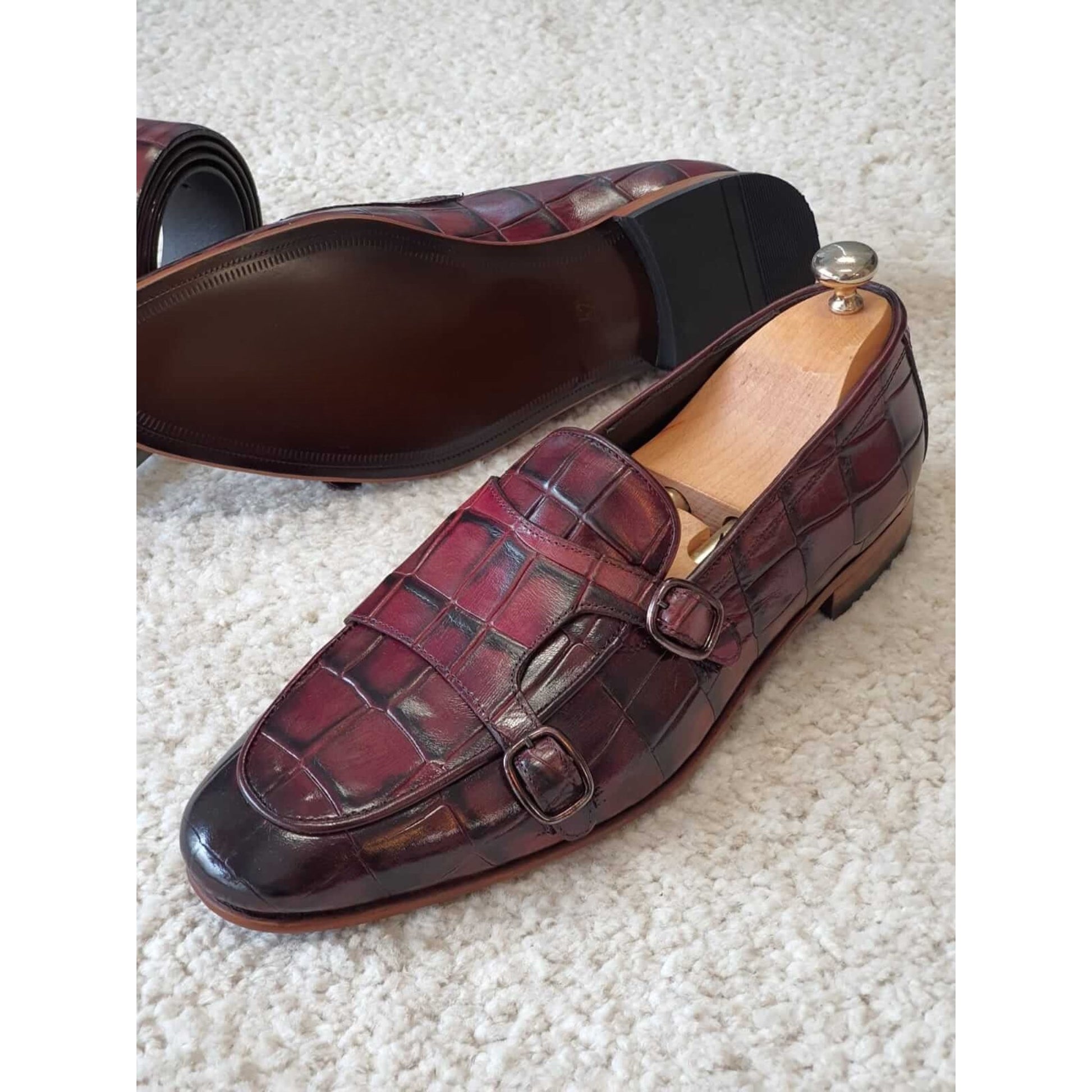 Handcrafted Dual Monk Strap Loafers in Exotic Crocodile Print Leather | Luxe & Craft