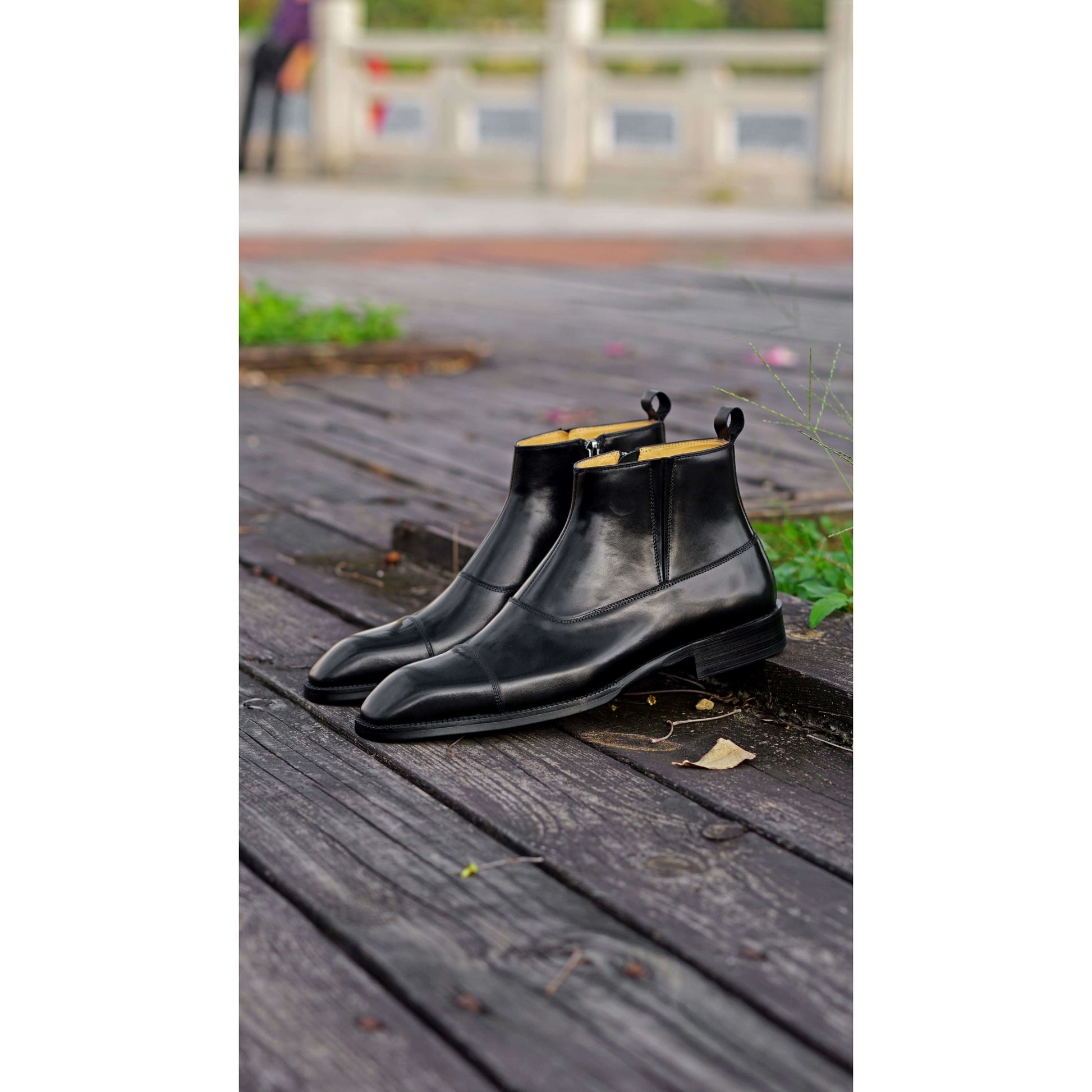 Elegant Men’s Leather Boots – Square Toe with Rich Patina Black | Luxe & Craft