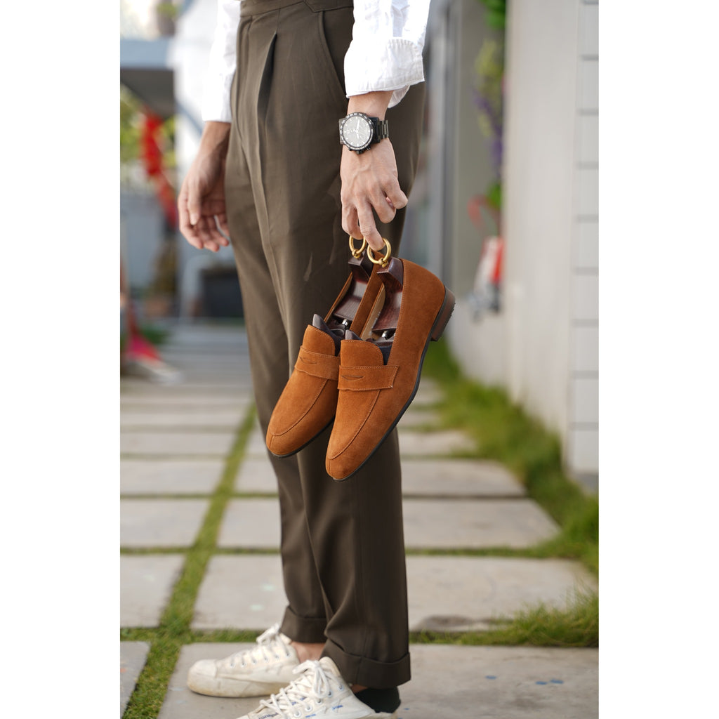 The Derbie Hand-Made Tan Brown Suede Penny Loafers | Luxe & Craft