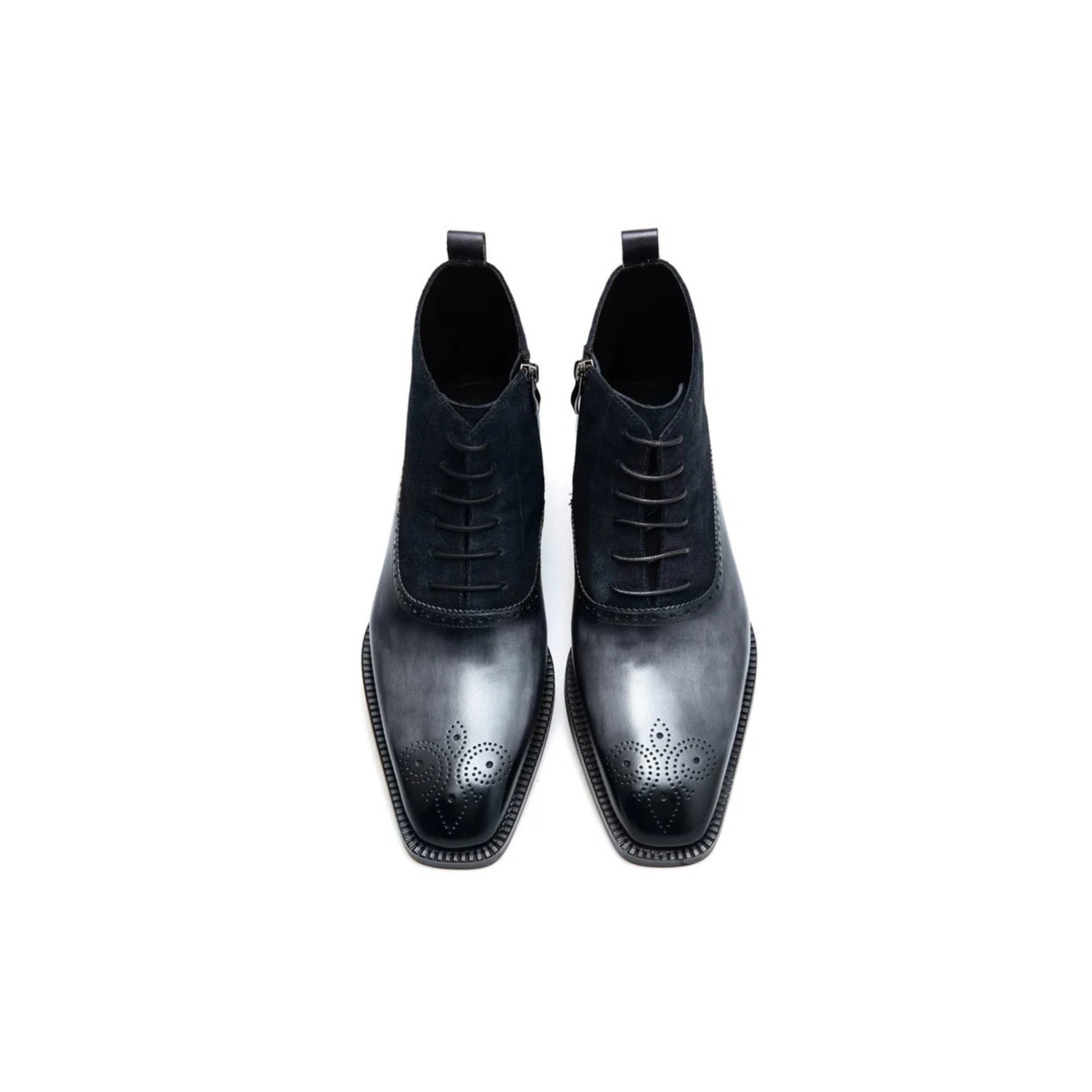 Top view of Luxury Side Zipper Black Leather & Suede Monk Boots, designed for formal wear with modern elegance and fine craftsmanship.