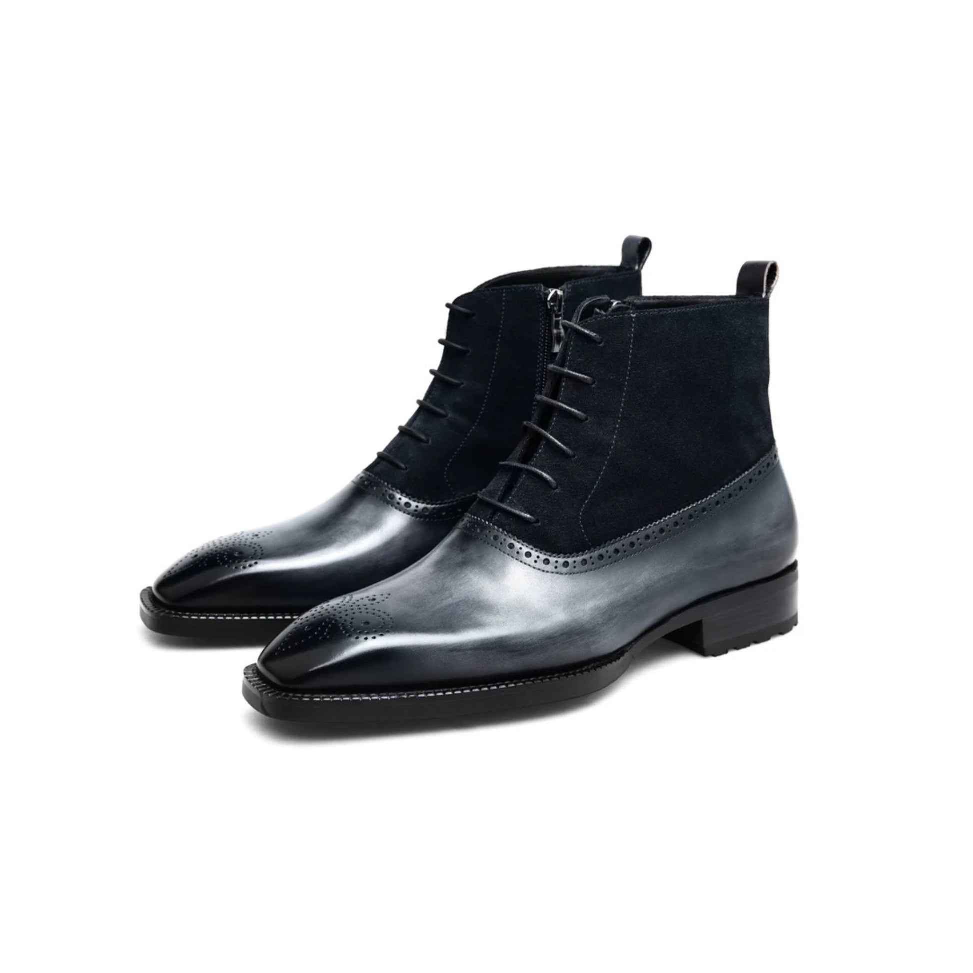 Side view of Luxury Black Leather & Suede Monk Boots, featuring a side zipper, lace-up design, and sleek croc leather finish for a sophisticated look.