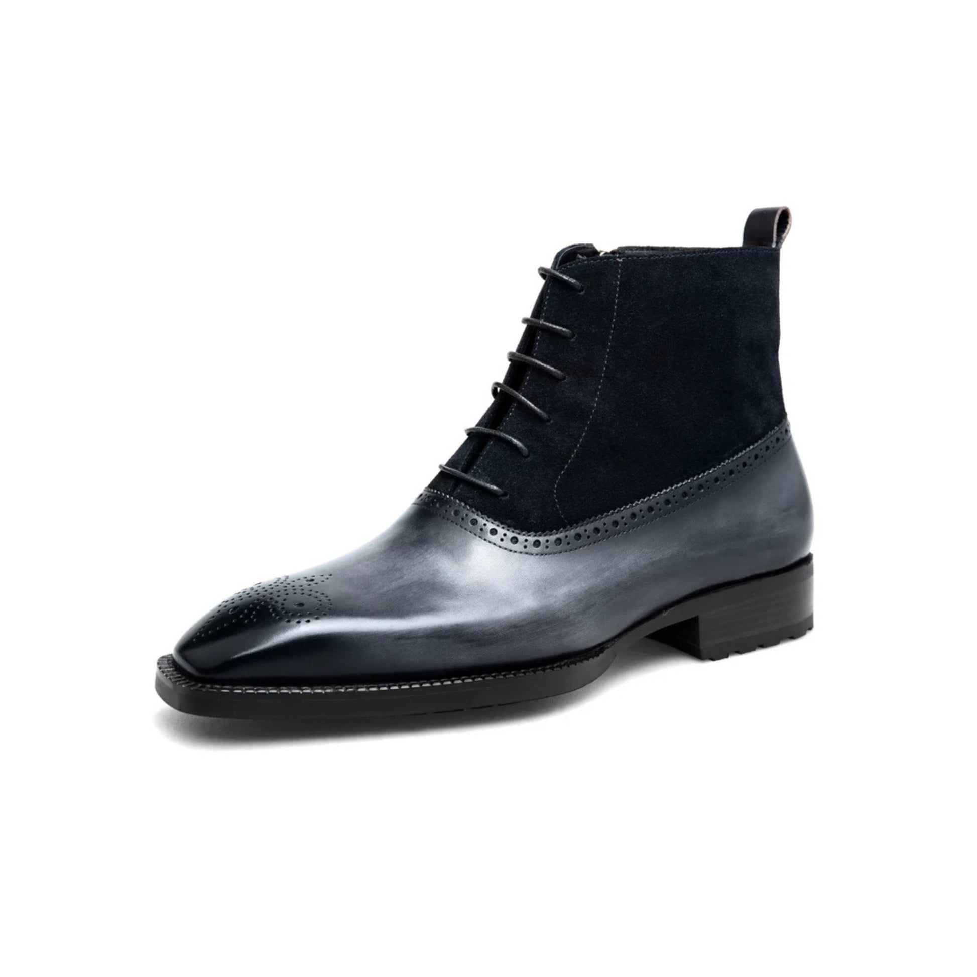 Black Leather & Suede Monk Boots for Men with a polished shine, showcasing elegant side zipper and lace-up detailing for a timeless dress boot style.