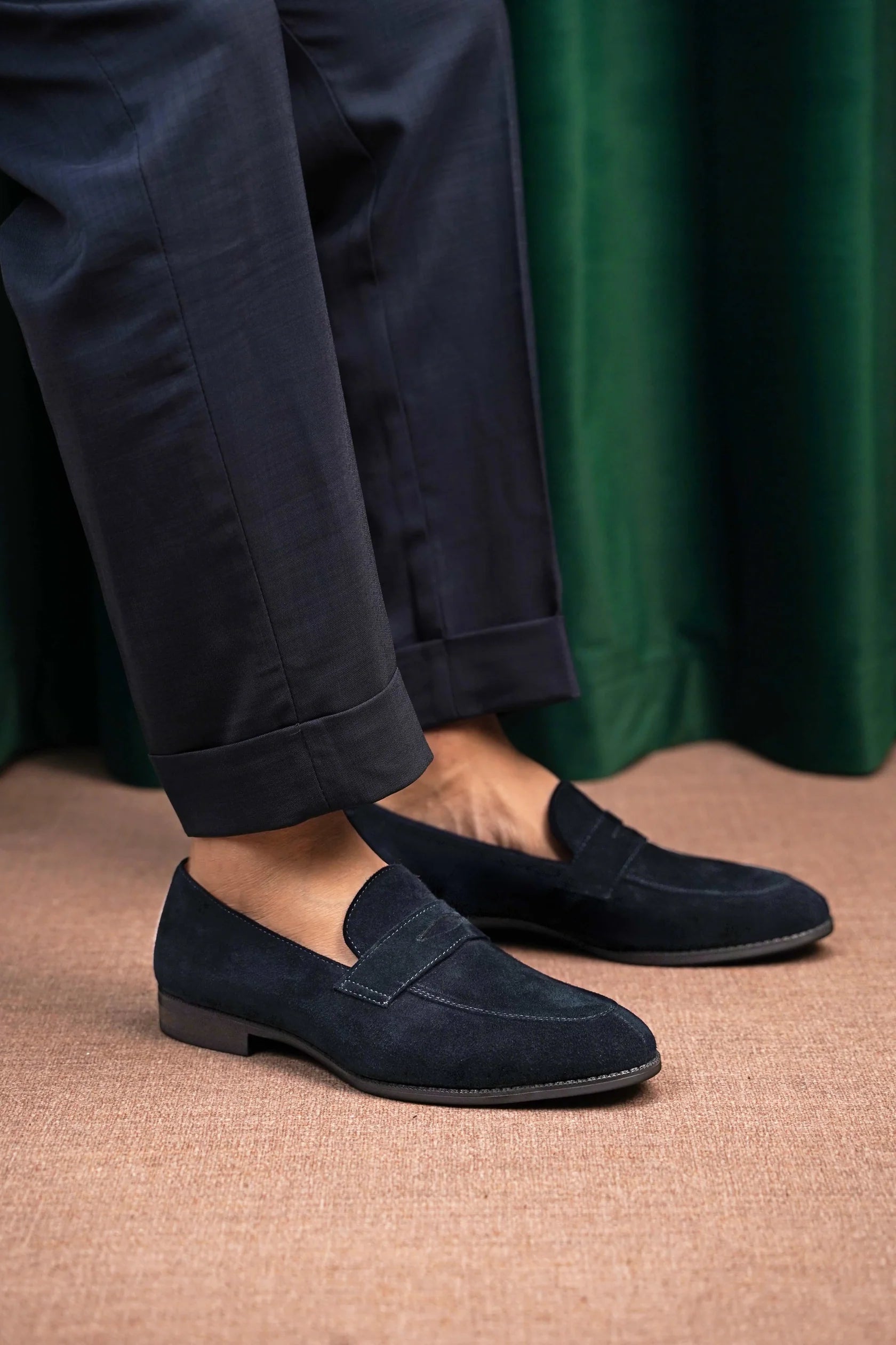 The Hand-Made Navy Blue Suede Penny Loafers | Luxe & Craft