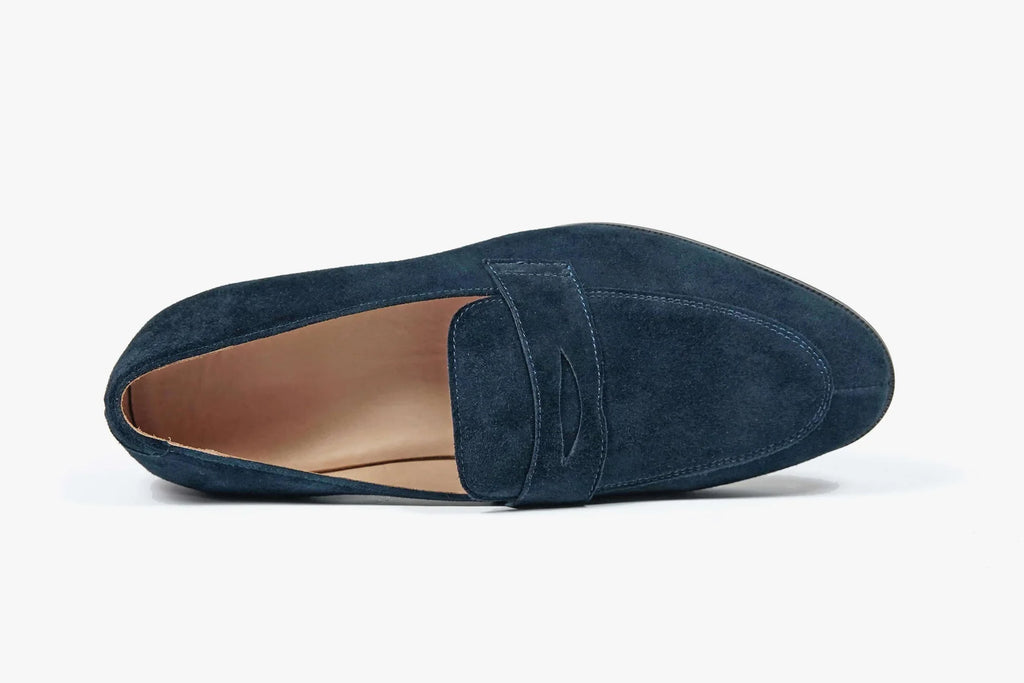 The Hand-Made Navy Blue Suede Penny Loafers | Luxe & Craft