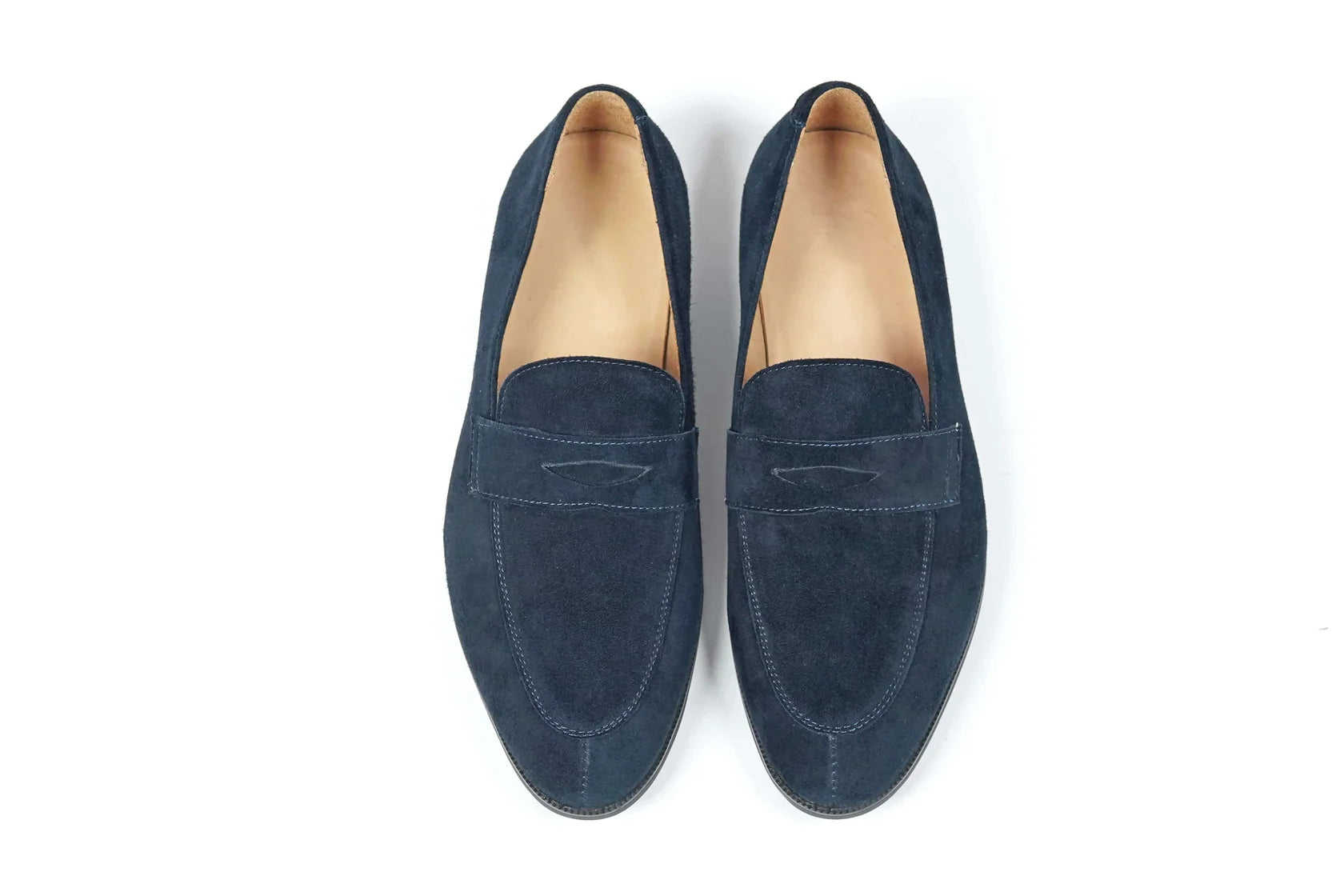 The Hand-Made Navy Blue Suede Penny Loafers | Luxe & Craft