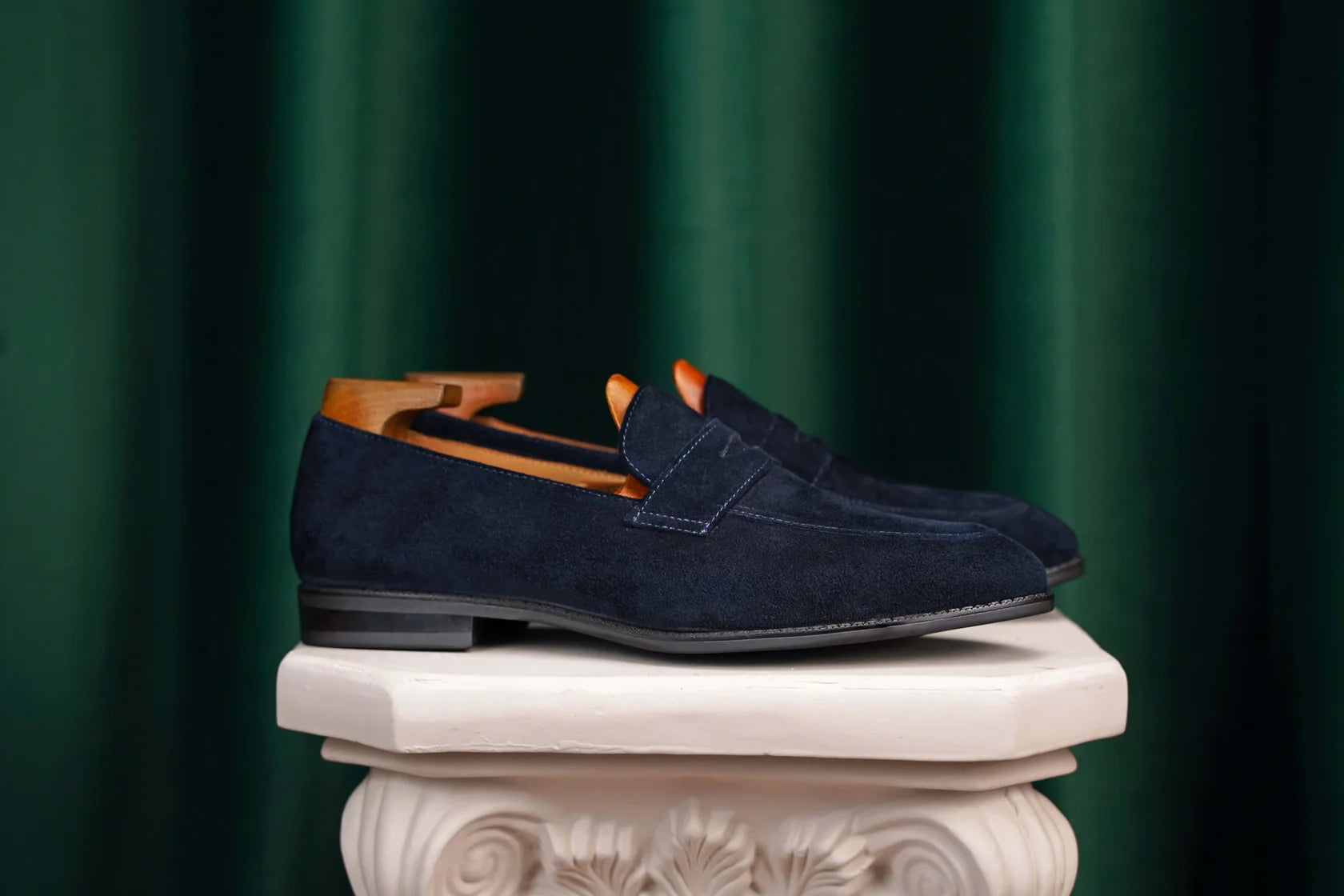 The Hand-Made Navy Blue Suede Penny Loafers | Luxe & Craft