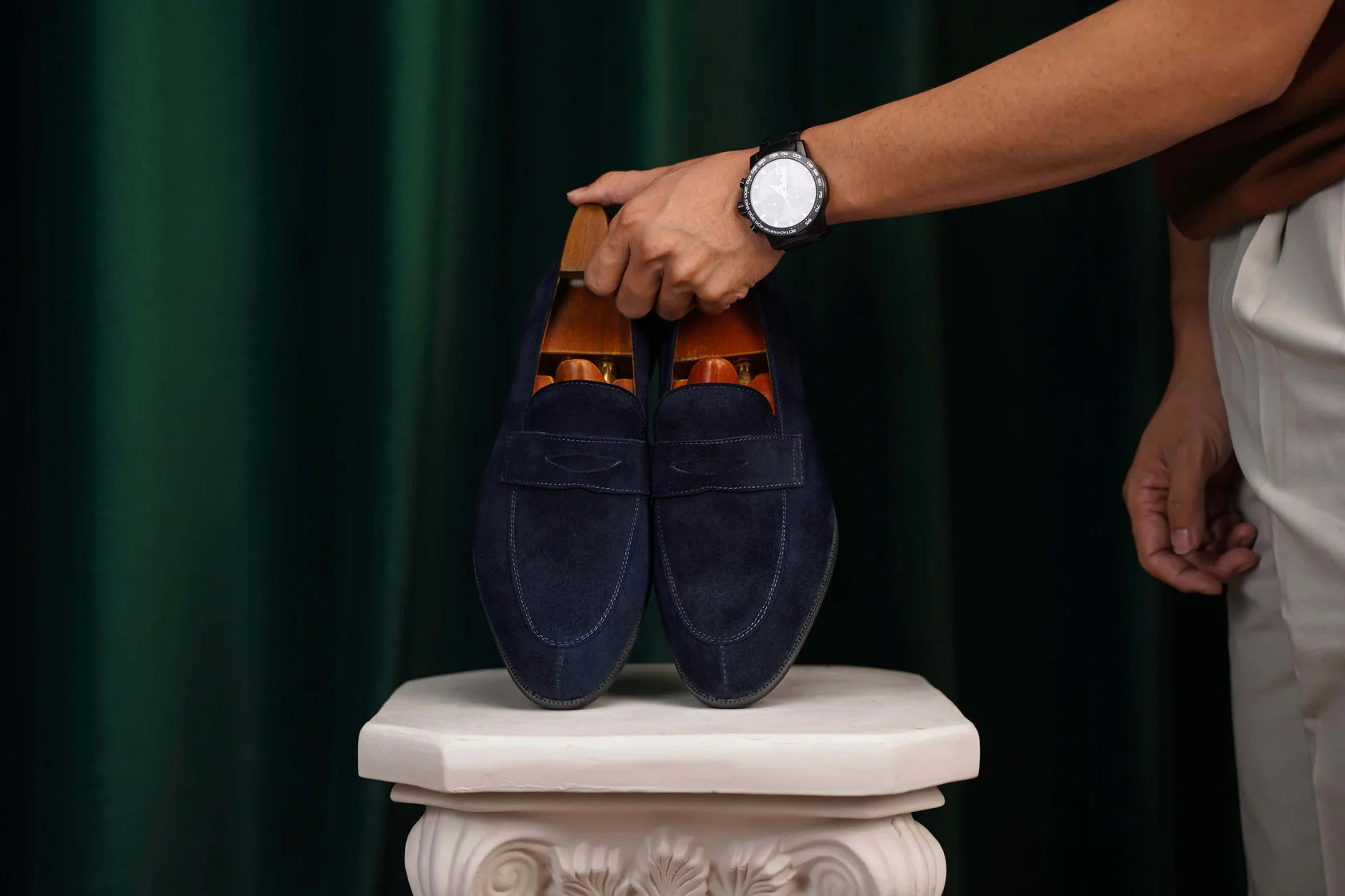 The Hand-Made Navy Blue Suede Penny Loafers | Luxe & Craft