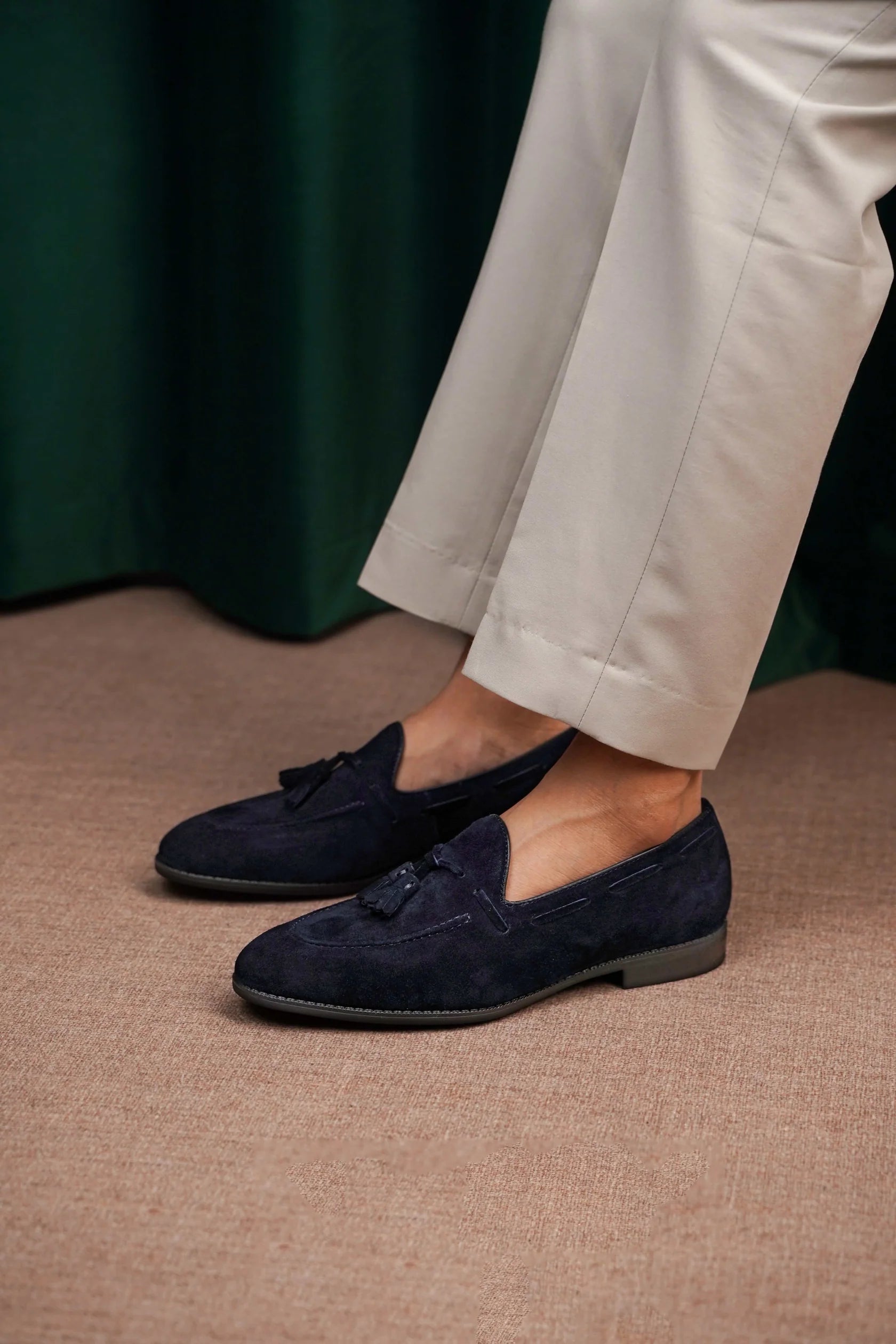 The Hand-Made Navy Blue Tassel Suede Penny Loafers | Luxe & Craft