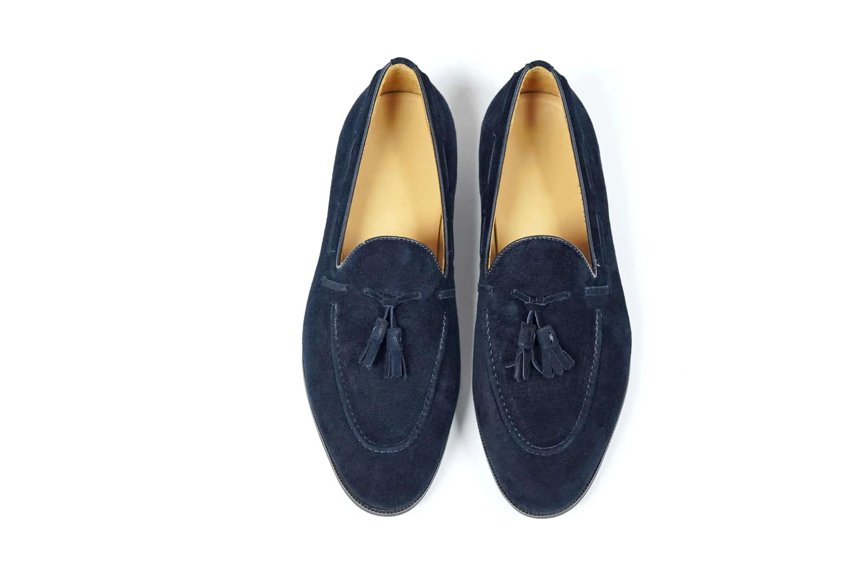 The Hand-Made Navy Blue Tassel Suede Penny Loafers | Luxe & Craft