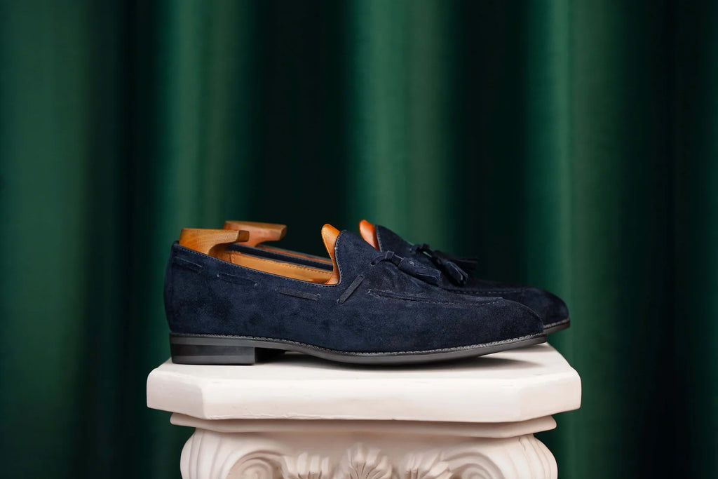 The Hand-Made Navy Blue Tassel Suede Penny Loafers | Luxe & Craft
