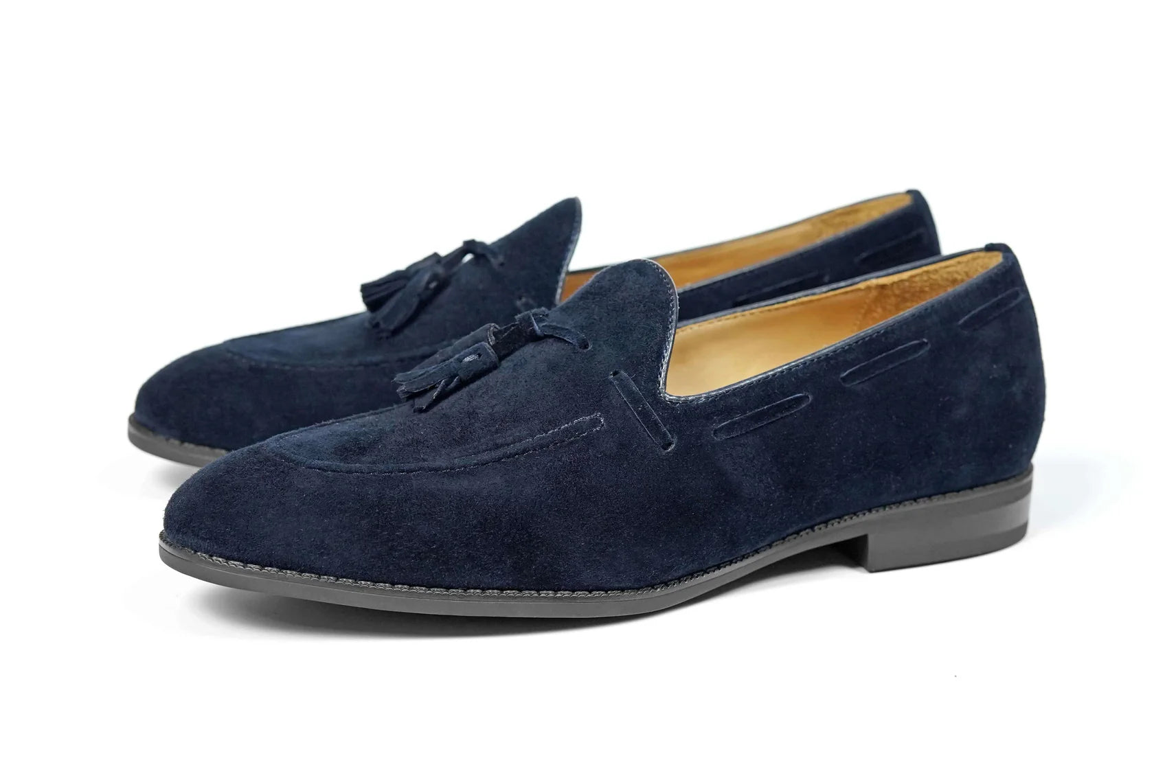 The Hand-Made Navy Blue Tassel Suede Penny Loafers | Luxe & Craft