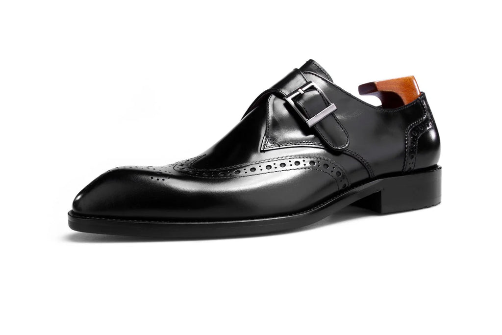 Black  Leather Single Monk Strap Shoes - Brogue Detailing