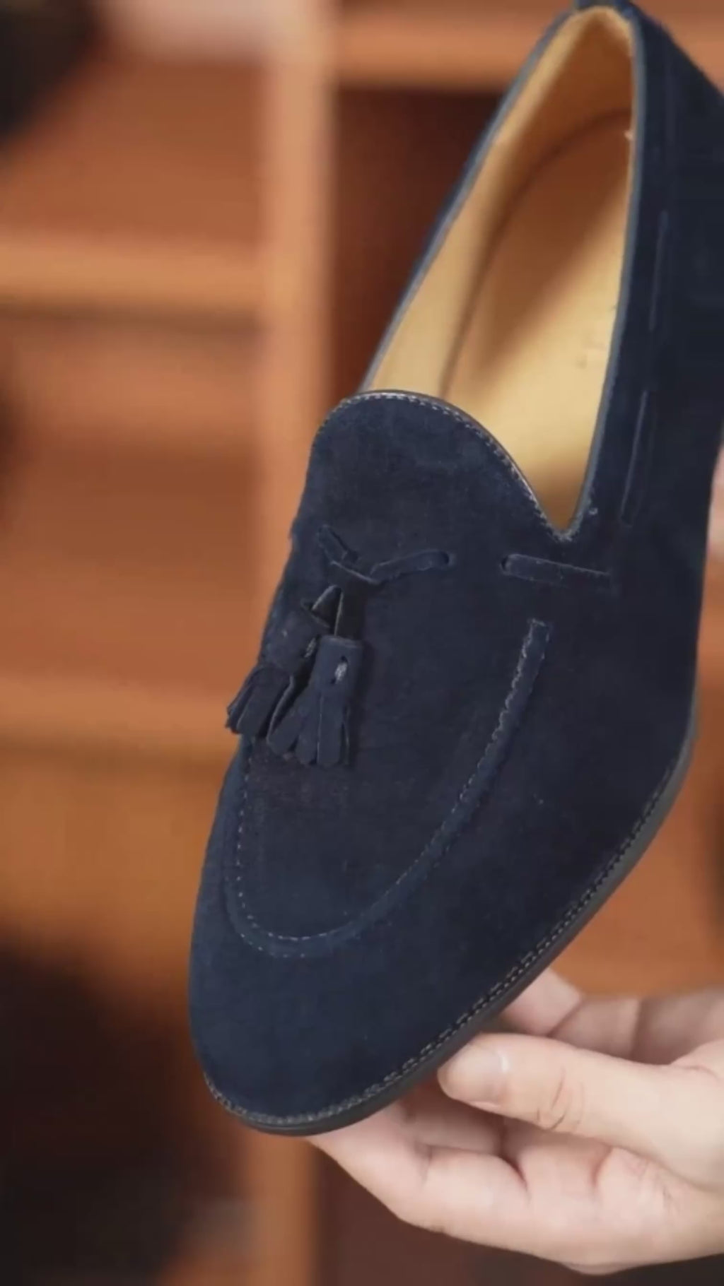 The Hand-Made Navy Blue Tassel Suede Penny Loafers | Luxe & Craft