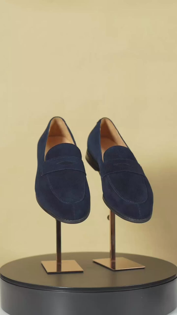 The Hand-Made Navy Blue Suede Penny Loafers | Luxe & Craft