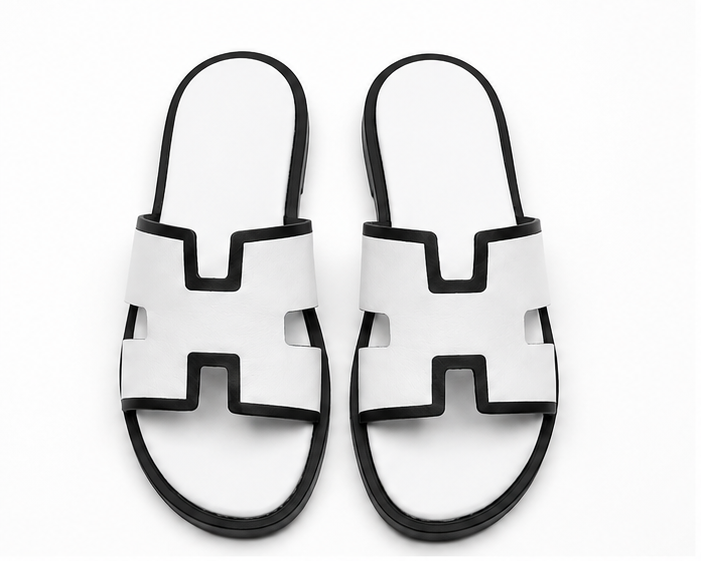 Austin Mens Slippers in Pure White - Black Color blocked Leather | LUXE & CRATFS
