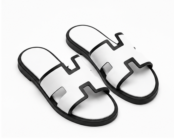 Austin Mens Slippers in Pure White - Black Color blocked Leather | LUXE & CRATFS